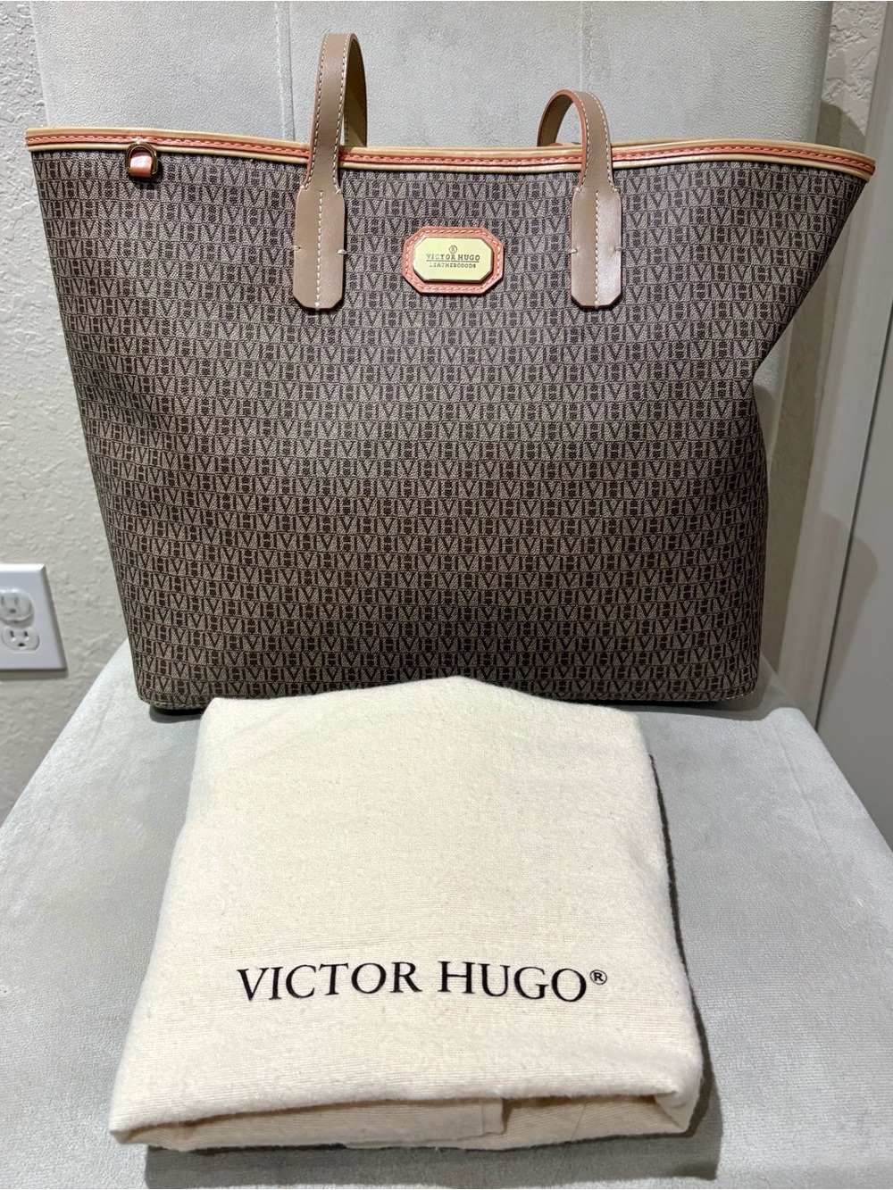 Victor Hugo Italian Leather Brown Monogram Tote Bag in Tan Trim